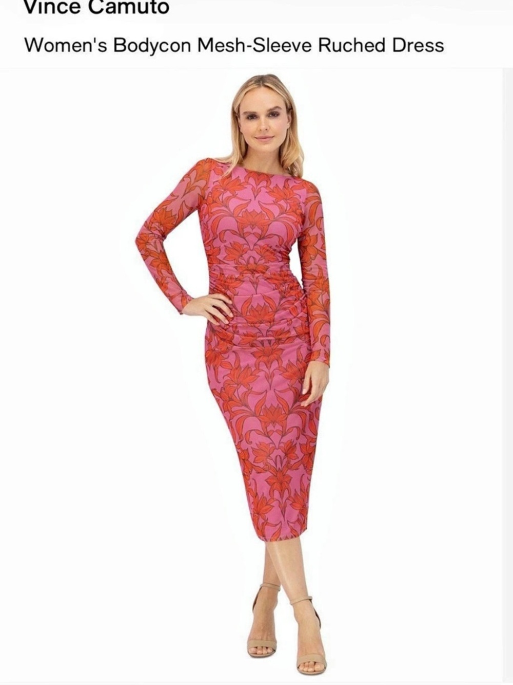 Vince Camuto Floral Mesh Ruched Body-Con Dress Pink & Red Size 12